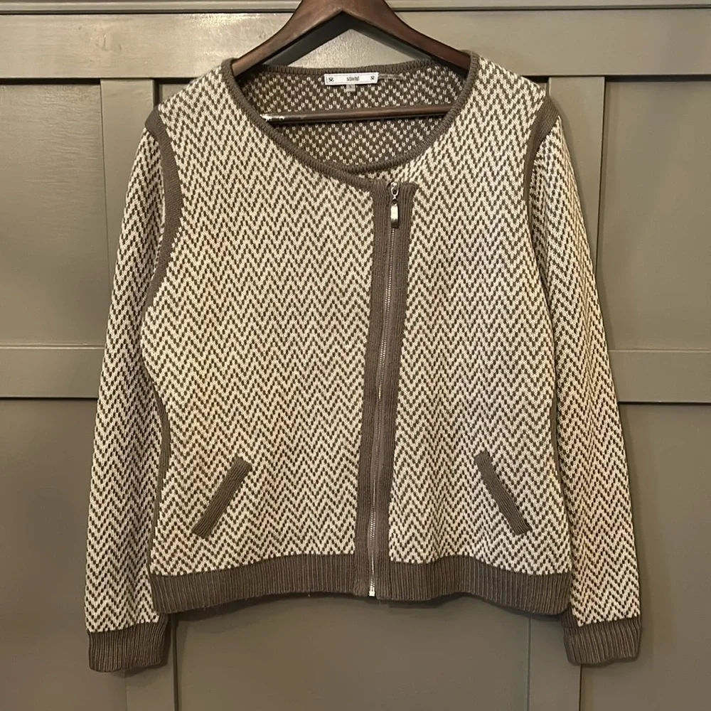 Sioni Chevron Wool Blend Sweater Asymmetric Full Zip Tan Brown Size Large